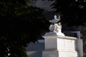 File photo, Tierney L. Cross/The New York Times
The marble statue depicting The Authority of Law is visible outside the Supreme Court in Washington on Monday, Oct. 6, 2025.