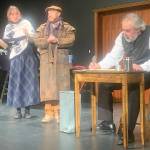 Charity collectors Peppin (played by Natalia Spenglere) and “Salt” played by (Roblin Gray Davis) try in vain to get a donation from Ebenezer Scrooge (played by Tom Robenolt) during Theater Alaska’s production of "A Christmas Carol" on Sunday at McPhetres Hall. (Mark Sabbatini / Juneau Empire)