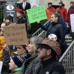 Over 200 people gathered at the Dimond Courthouse plaza on Jan. 29, 2026 to protest a vote that would further funding for Immigration and Customs Enforcement. Since the beginning of January, federal agents have detained a 5-year-old boy and killed two people in Minneapolis, sparking outrage across the country. (Chloe Anderson/Juneau Empire)