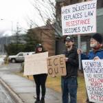 Protesters participate in a rally outside Senator Lisa Murkowskis Juneau office on Feb. 4, 2026. (Chloe Anderson/Juneau Empire)