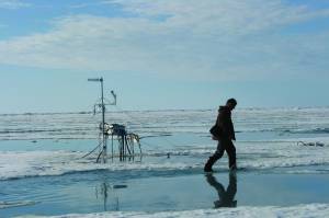 Photo courtesy Matt Druckenmiller
Hajo Eicken walks the sea ice off the town of Utqiagvik in about 2010.