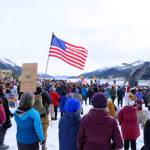 Demonstrators rally at the third No Kings protest in Juneau on March 28, 2026. (Photo by Corinne Smith/Alaska Beacon)