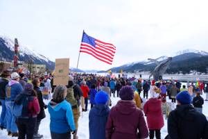 Demonstrators rally at the third No Kings protest in Juneau on March 28, 2026. (Photo by Corinne Smith/Alaska Beacon)