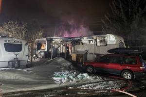 A trailer caught fire at Auke Bay RV Park overnight on April 3, 2026, but Capital City Fire Rescue managed to knock down the fire quickly. (Capital City Fire Rescue/Facebook)