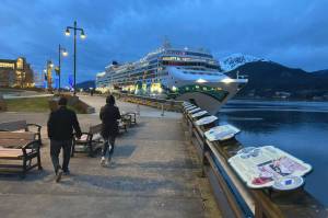 A cruise ship docks in downtown Juneau on April 30, 2025. (Mark Sabbatini/Juneau Empire file photo)