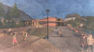 A preliminary design shows a park at Aakw Landing, the cultural and arts center, and a cruise ship in port at Huna Totems private dock.