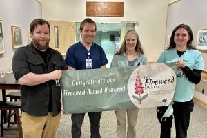 Four employees at Juneaus Bartlett Regional Hospital have been recognized for their work in the latest round of Fireweed Awards. From left: Vincent Taylor, Reid Dihle, Katharine Kathy Coghill and Wendy Germain. (Bartlett Regional Hospital/Submitted)