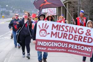 Photo by Corinne Smith/Alaska Beacon
Dozens marched in Juneau to raise awareness of Missing and Murdered Indigenous Peoples on Tuesday, May 5.