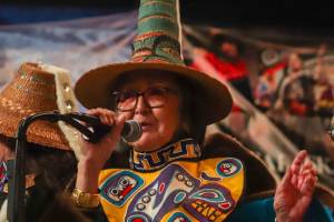 Jasz Garrett / Juneau Empire file photo
Sealaska Heritage Institute president Rosita Worl smiles while welcoming dancers and the audience to the start of Celebration 2024.