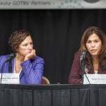 Stephanie Quinn-Davidson, left, of Yes for Salmon, listens as she debates the merits of Ballot Measure 1 with Kim Reitmeier, representing Stand for Alaska, during a Get Out the Native Vote Southeast forum at Elizabeth Peratrovich Hall on Tuesday, Oct. 9, 2018. (Michael Penn | Juneau Empire)
