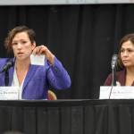 Stephanie Quinn-Davidson, left, of Yes for Salmon, holds up what she says is habitat protection regulation as she debates the merits of Ballot Measure 1 with Kim Reitmeier, representing Stand for Alaska, during a Get Out the Native Vote Southeast forum at Elizabeth Peratrovich Hall on Tuesday, Oct. 9, 2018. (Michael Penn | Juneau Empire)                                Stephanie Quinn-Davidson, left, of Yes for Salmon, holds up what she says is habitat protection regulation as she debates the merits of Ballot Measure 1 with Kim Reitmeier, representing Stand for Alaska, during a Get Out the Native Vote Southeast forum at Elizabeth Peratrovich Hall on Tuesday, Oct. 9, 2018. (Michael Penn | Juneau Empire)
