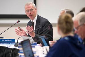 University of Alaska President Jim Johnsen makes a presentation to the universitys Board of Regents at the UAS Recreation Center on Sept. 15, 2016. (Michael Penn | Juneau Empire file)