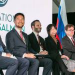 Dignitaries of the North Pacific Anadromous Fish Commission member countries laugh during the launch of the International Year of the Salmon in October 2018 in Vancouver, British Columbia. (Courtesy Photo)